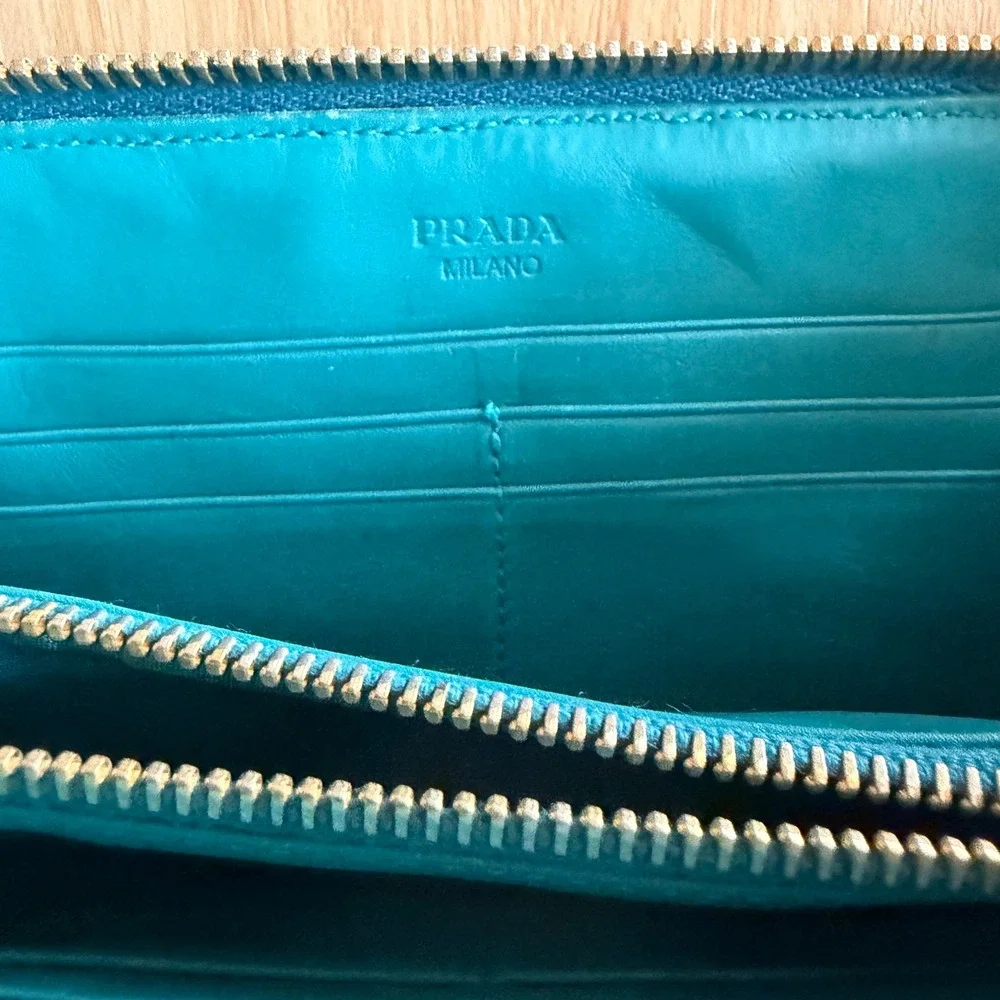 Prada Zip Around Wallet Vintage Pleated Designer Accessory OS 2000s Teal